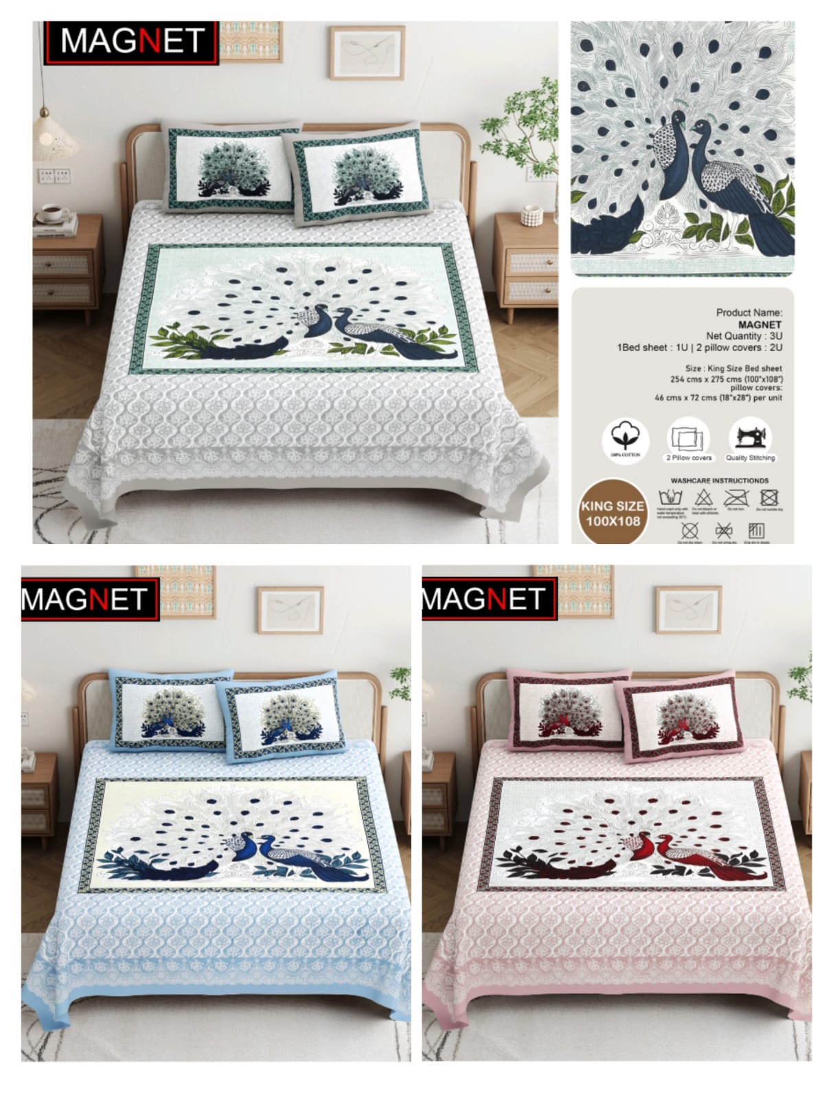 Jaipuri King Size Pure Cotton Bedsheet Set Elegant Elephant & Red Lotus Print 100x108 Inches + 2 Pillow Covers