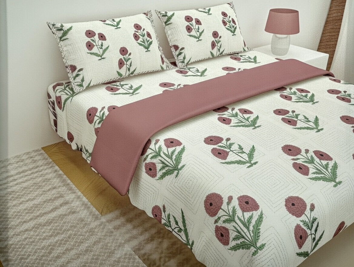 Premium King Size Jaipuri Hand Block Printed Kantha Work Cotton Bedsheet with 2 Designer Pillow Covers - Floral Poppy Motif, 108x108 Inches