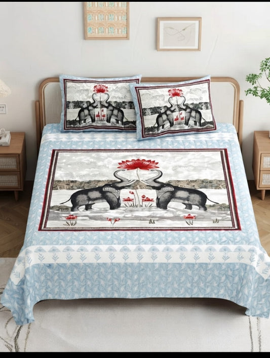 Jaipuri King Size Pure Cotton Bedsheet Set  Elegant Elephant & Red Lotus Print 100x108 Inches + 2 Pillow Covers